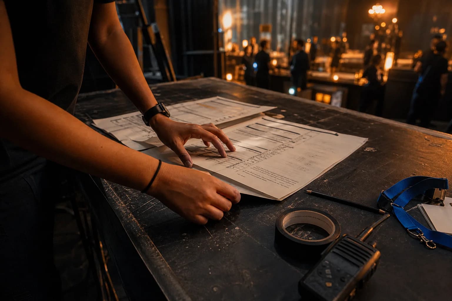 An event producer reviewing the run sheet backstage before guests arrive