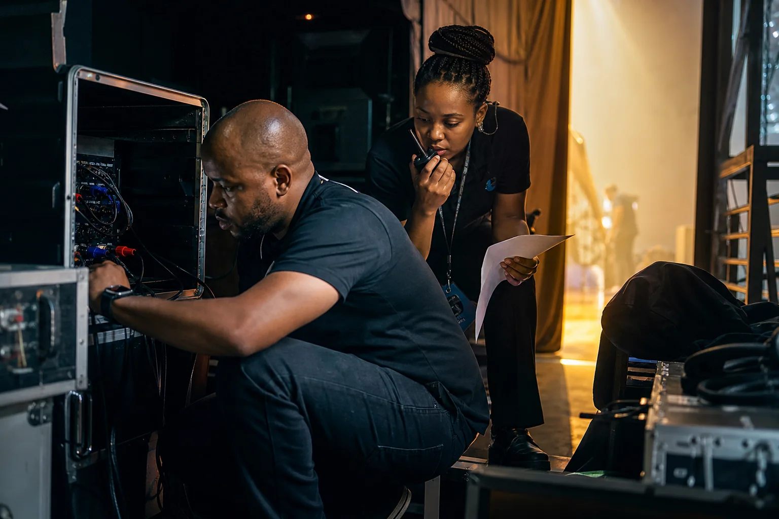 Event professionals calmly resolving a technical issue backstage